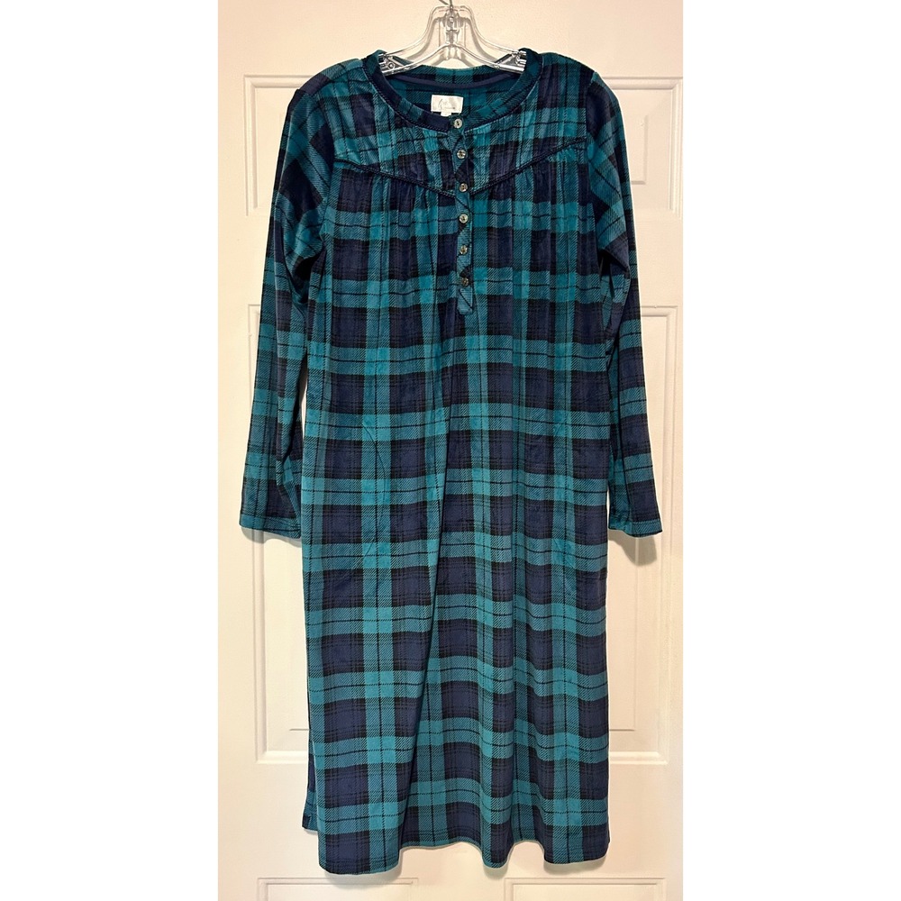 Aria Collection Plaid Velour Soft Nightgown Womens S Long Sleeve Button Front